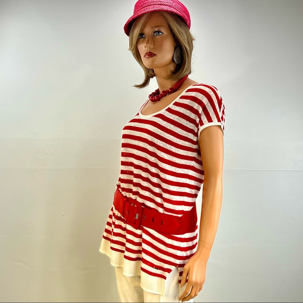 Linen Top, M Stripes red & white long top with shear under lay detail.